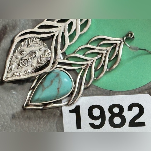 Long Silver Tone Earrings Faux Turquoise Teardrop Stone Cutout Design 1982 G - Picture 8 of 8
